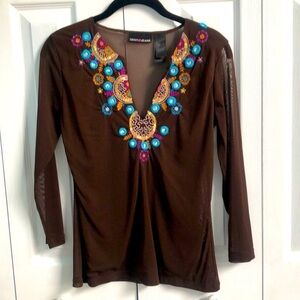 Vintage 1980's DKNY JEANS Mesh Sheer Blouse Mirror Embroidered Brown Size L